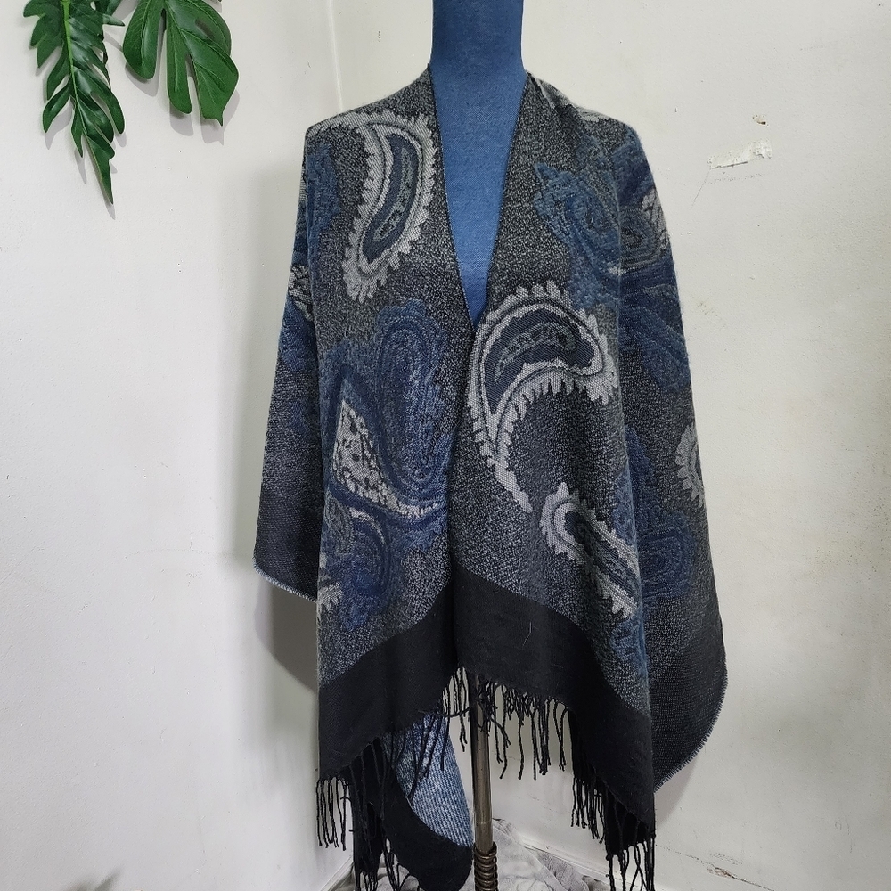 Black Blue Paisley Ruana Wrap with Fringe